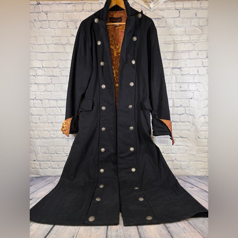 VINTAGE RARE Subterranea Y2K Black Twill Gothic Punk Long Duster Trench Coat XXL